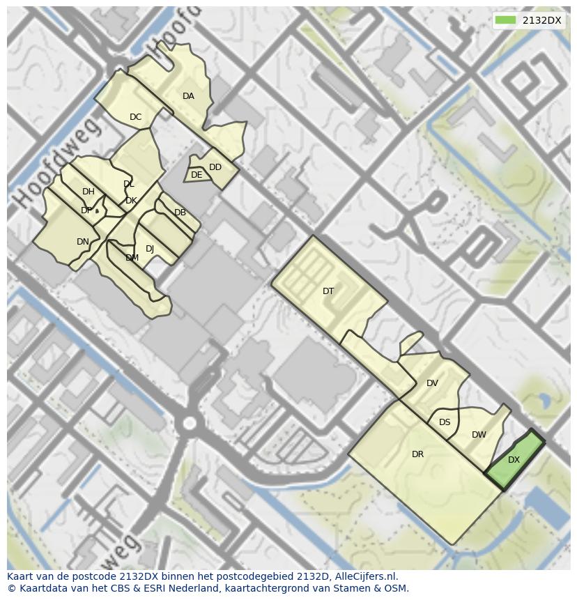 Afbeelding van het postcodegebied 2132 DX op de kaart.