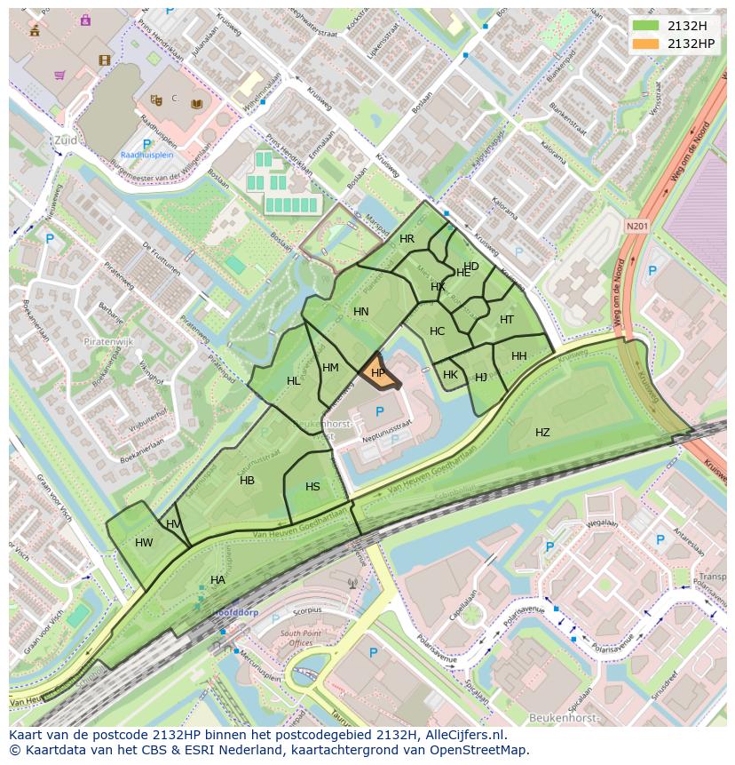 Afbeelding van het postcodegebied 2132 HP op de kaart.