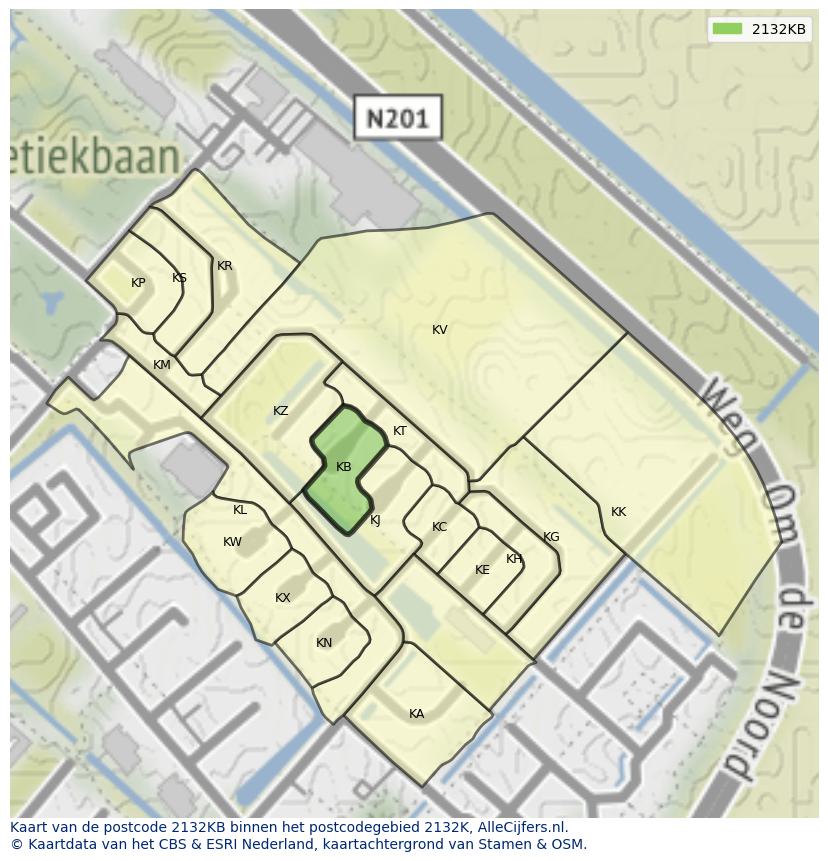 Afbeelding van het postcodegebied 2132 KB op de kaart.