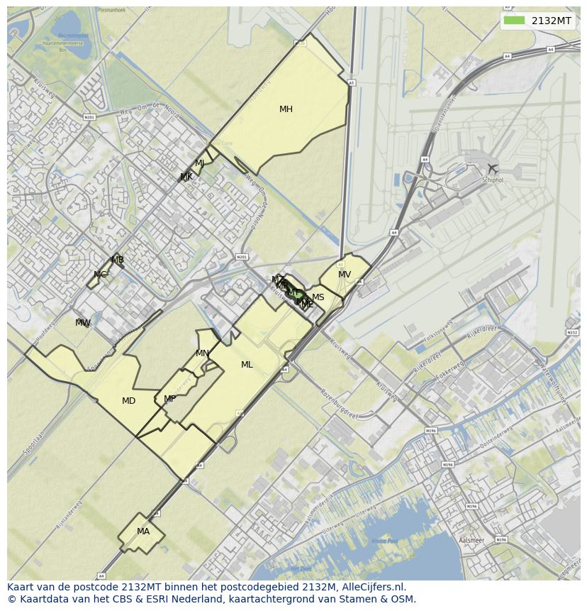 Afbeelding van het postcodegebied 2132 MT op de kaart.