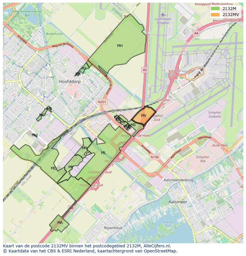 Afbeelding van het postcodegebied 2132 MV op de kaart.