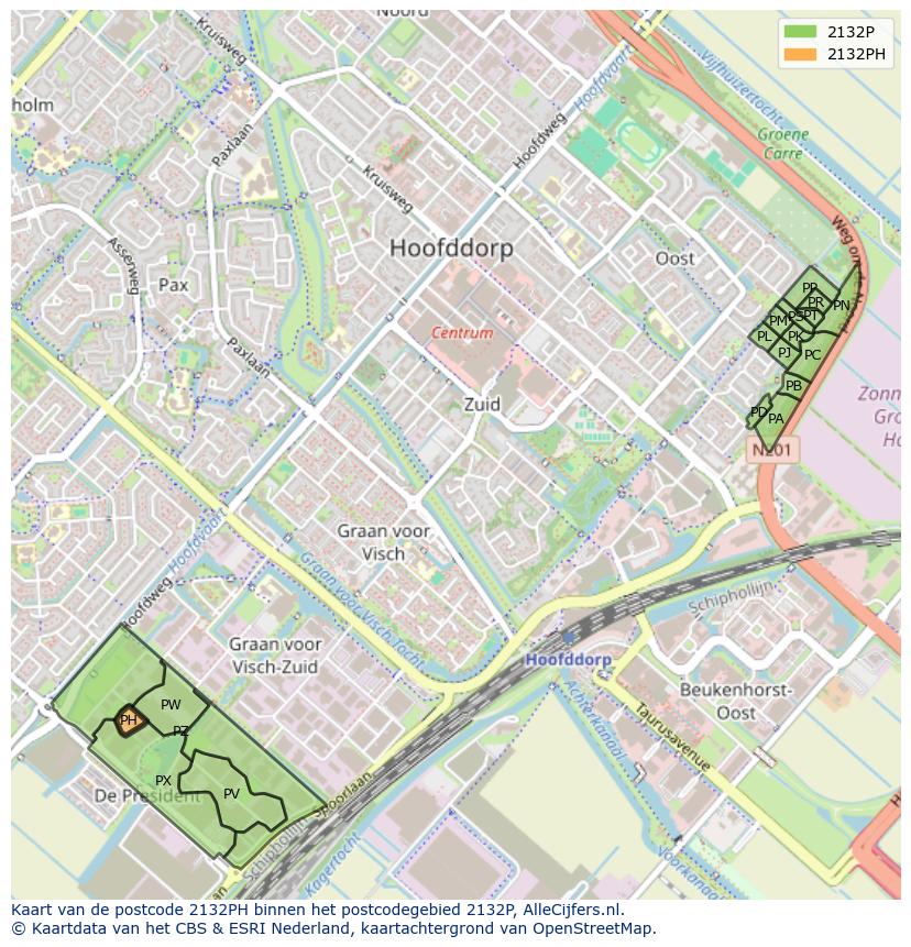 Afbeelding van het postcodegebied 2132 PH op de kaart.