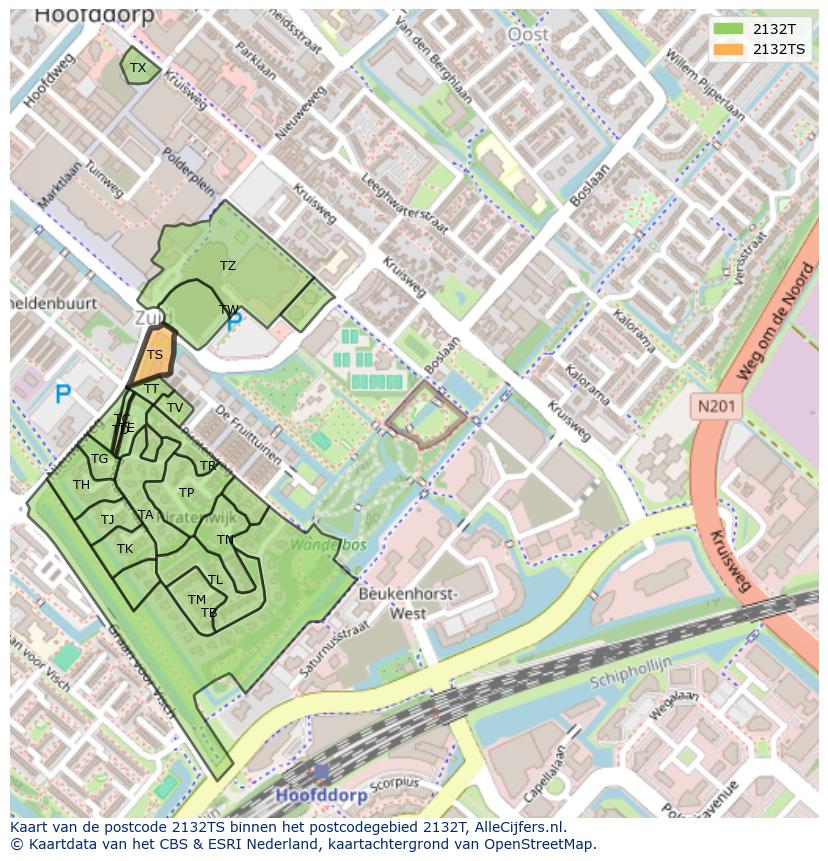 Afbeelding van het postcodegebied 2132 TS op de kaart.
