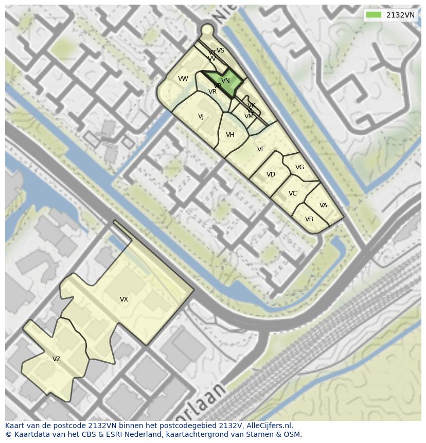Afbeelding van het postcodegebied 2132 VN op de kaart.