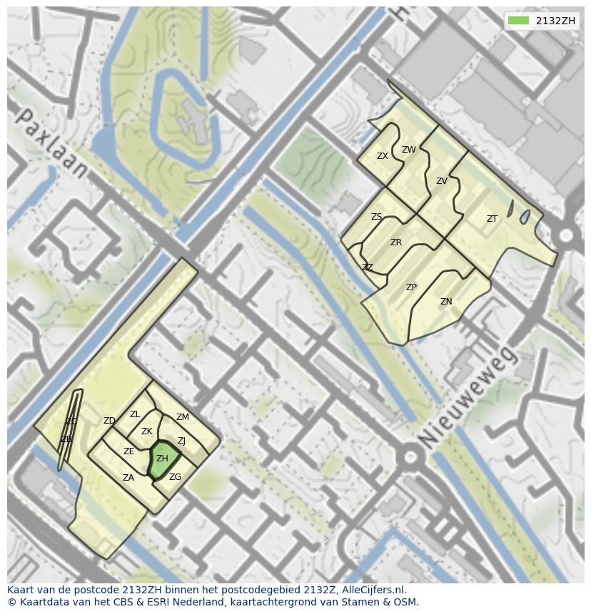 Afbeelding van het postcodegebied 2132 ZH op de kaart.