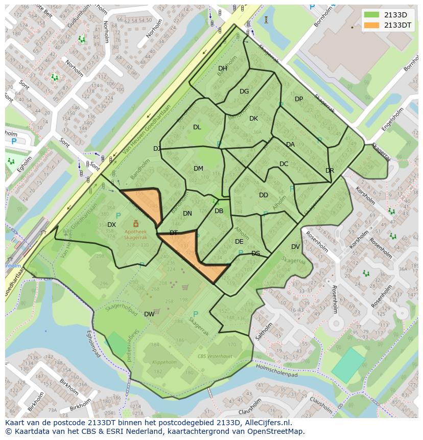Afbeelding van het postcodegebied 2133 DT op de kaart.