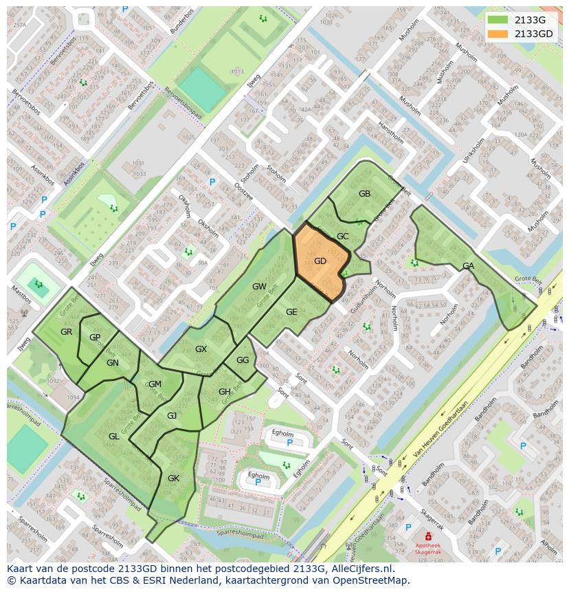 Afbeelding van het postcodegebied 2133 GD op de kaart.