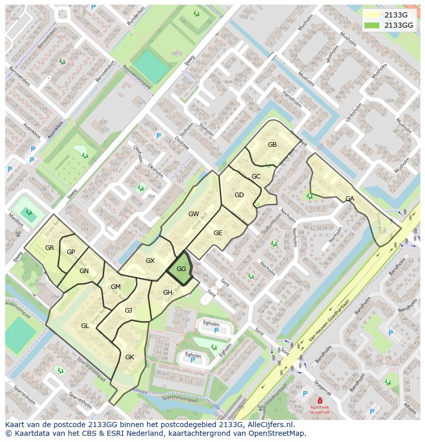 Afbeelding van het postcodegebied 2133 GG op de kaart.