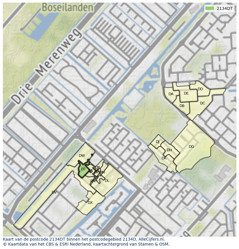 Afbeelding van het postcodegebied 2134 DT op de kaart.