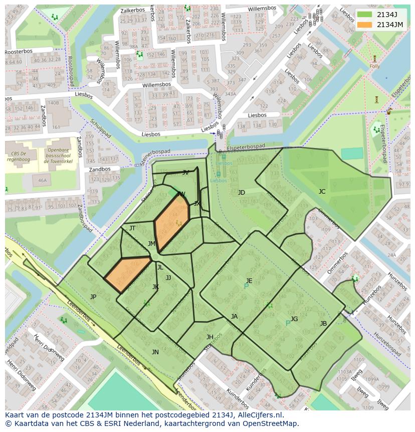 Afbeelding van het postcodegebied 2134 JM op de kaart.