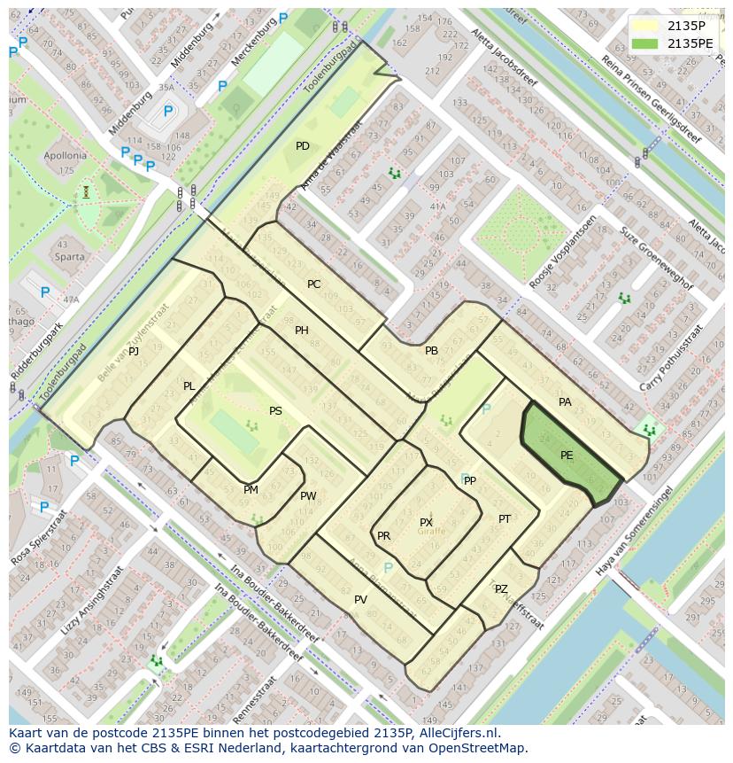 Afbeelding van het postcodegebied 2135 PE op de kaart.