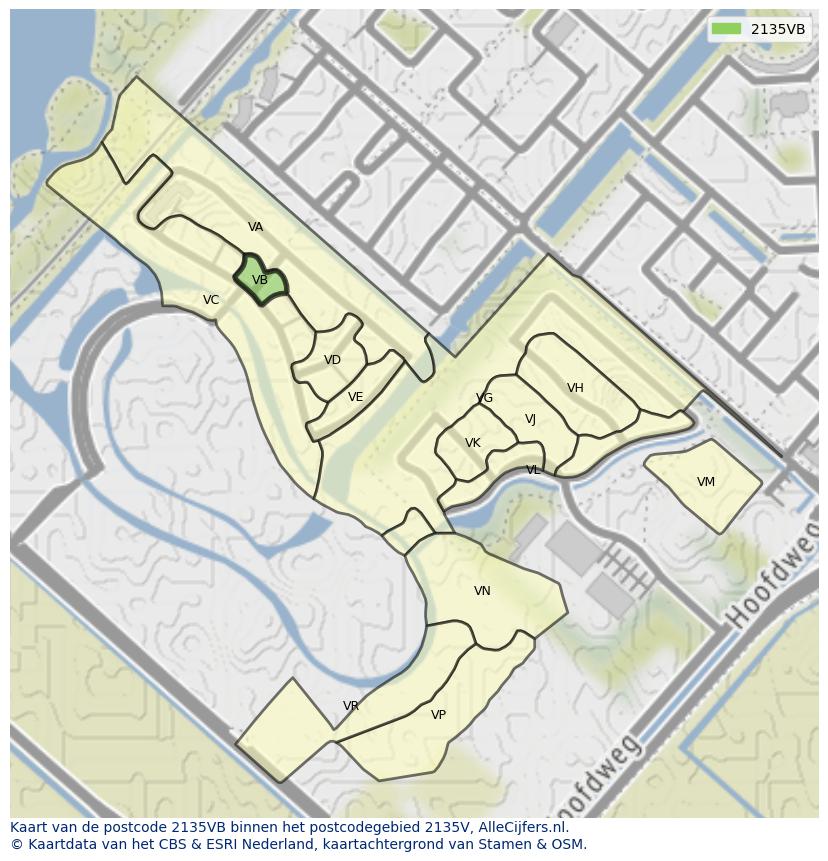 Afbeelding van het postcodegebied 2135 VB op de kaart.