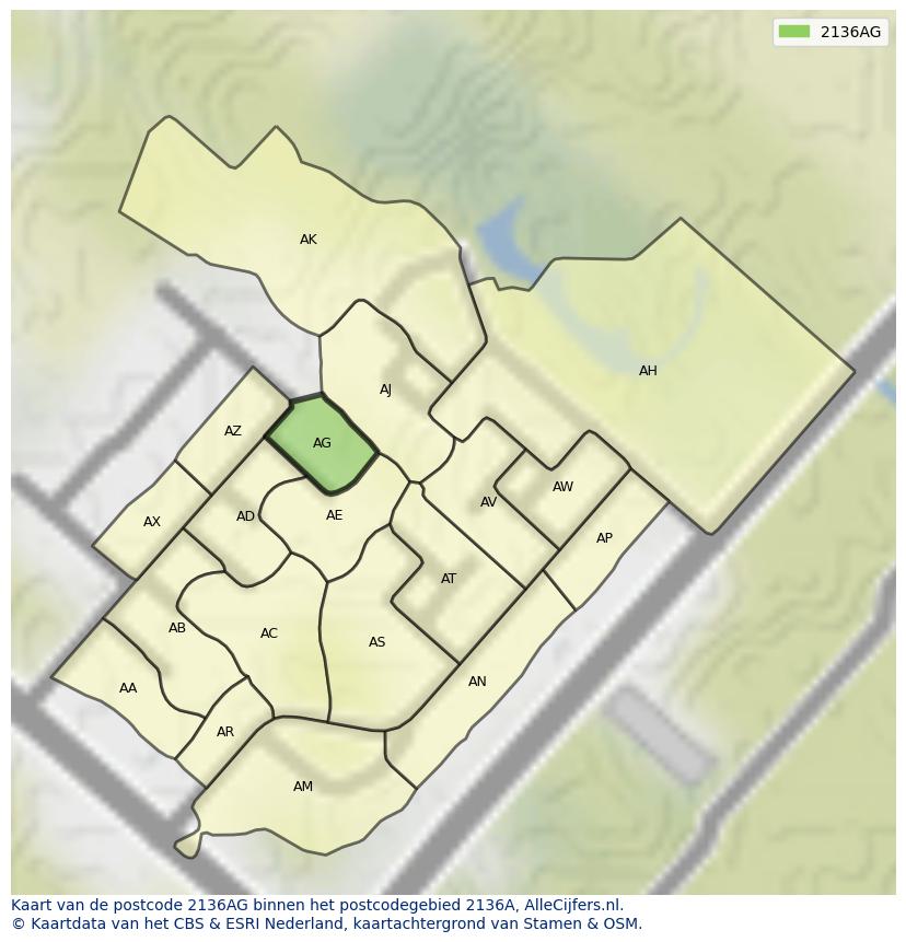 Afbeelding van het postcodegebied 2136 AG op de kaart.