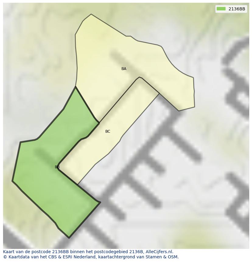 Afbeelding van het postcodegebied 2136 BB op de kaart.