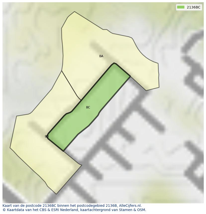 Afbeelding van het postcodegebied 2136 BC op de kaart.