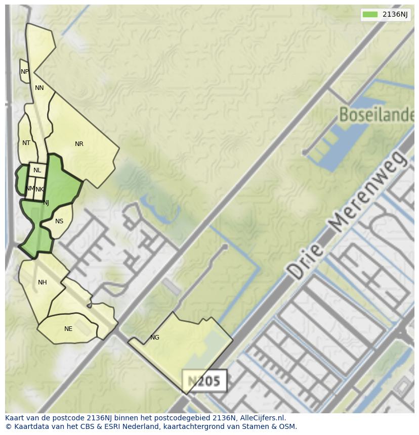 Afbeelding van het postcodegebied 2136 NJ op de kaart.