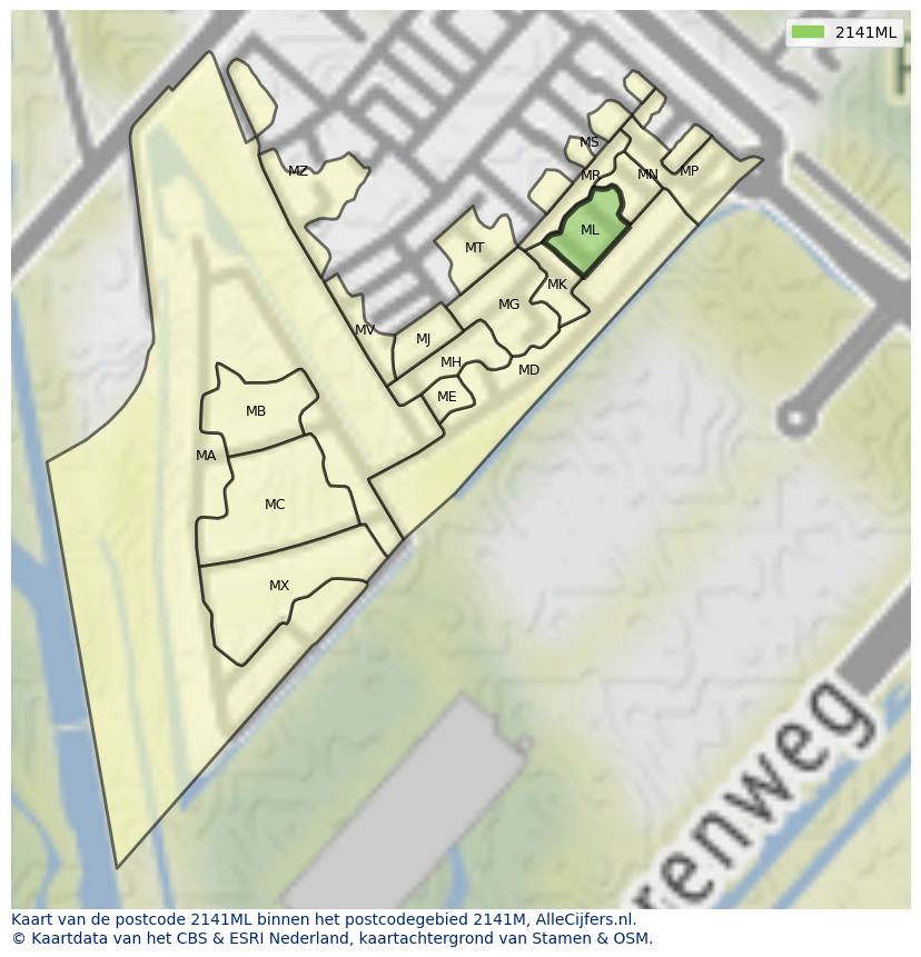 Afbeelding van het postcodegebied 2141 ML op de kaart.