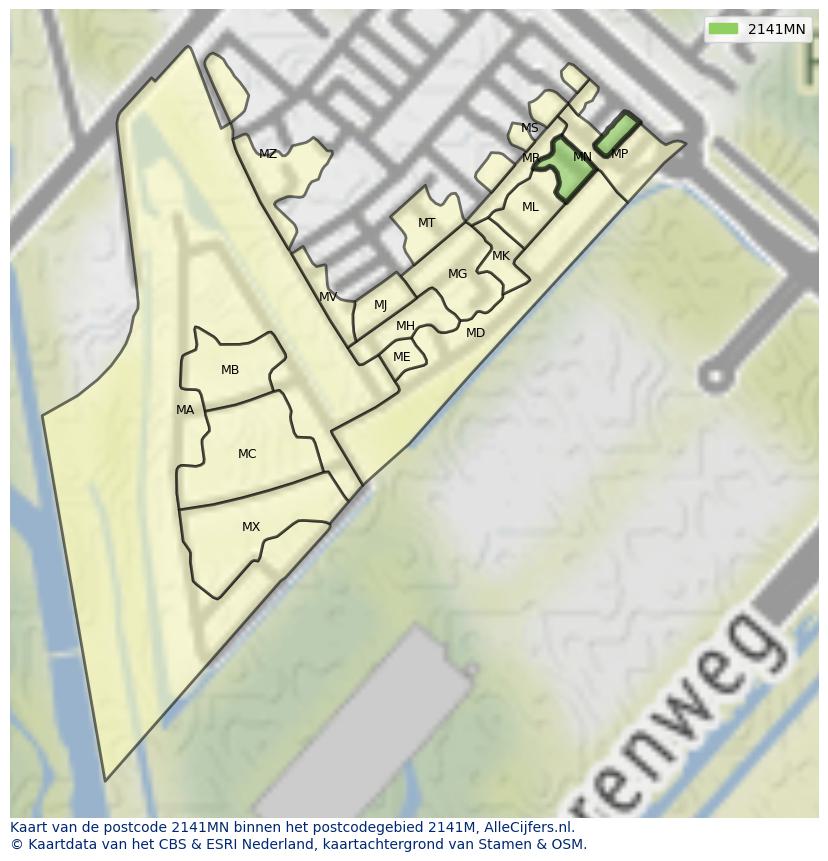 Afbeelding van het postcodegebied 2141 MN op de kaart.