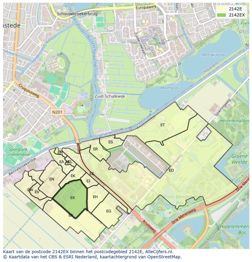 Afbeelding van het postcodegebied 2142 EX op de kaart.