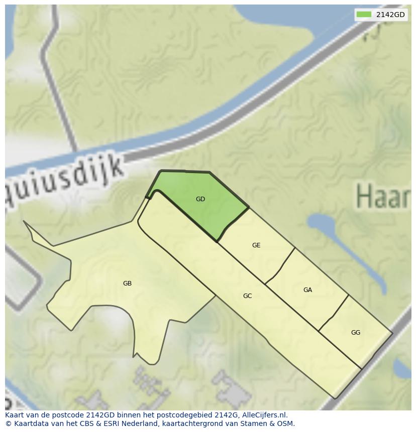 Afbeelding van het postcodegebied 2142 GD op de kaart.