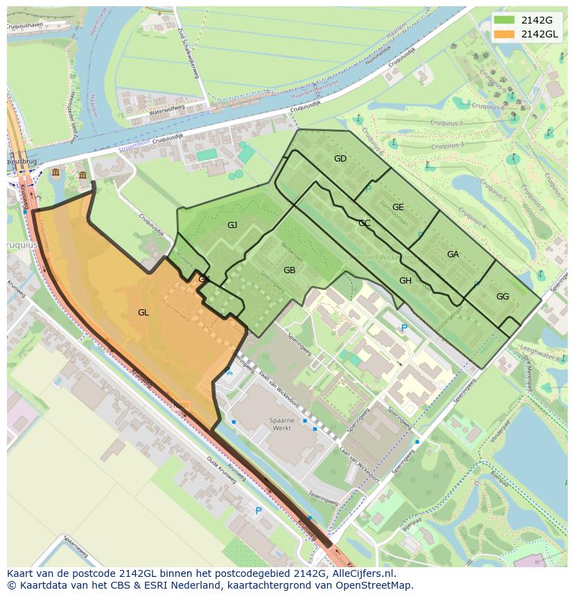 Afbeelding van het postcodegebied 2142 GL op de kaart.