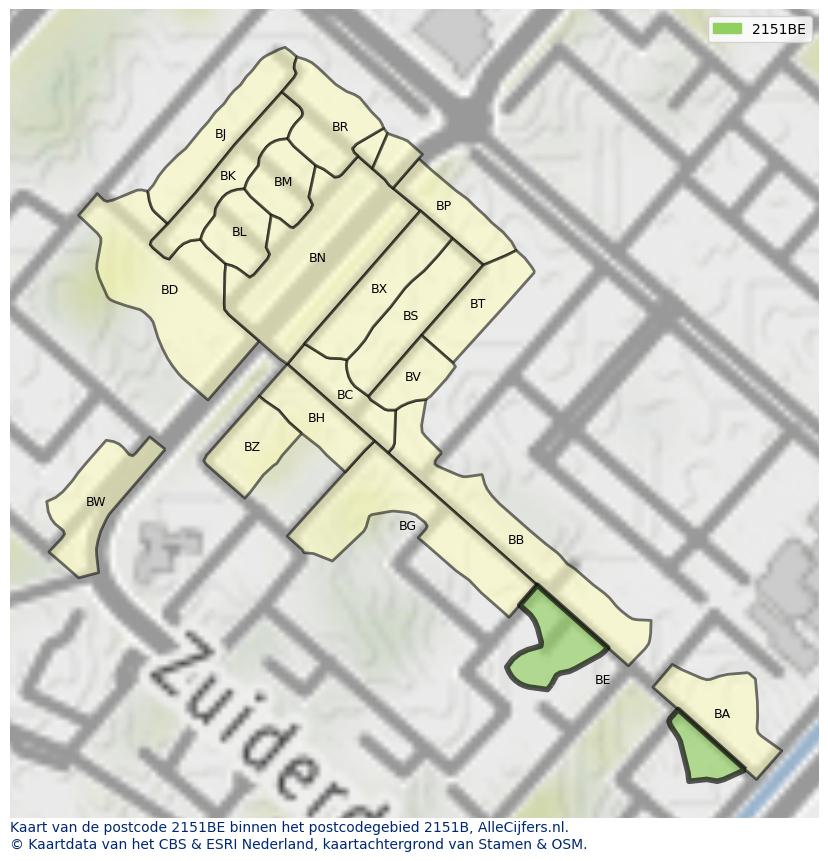 Afbeelding van het postcodegebied 2151 BE op de kaart.