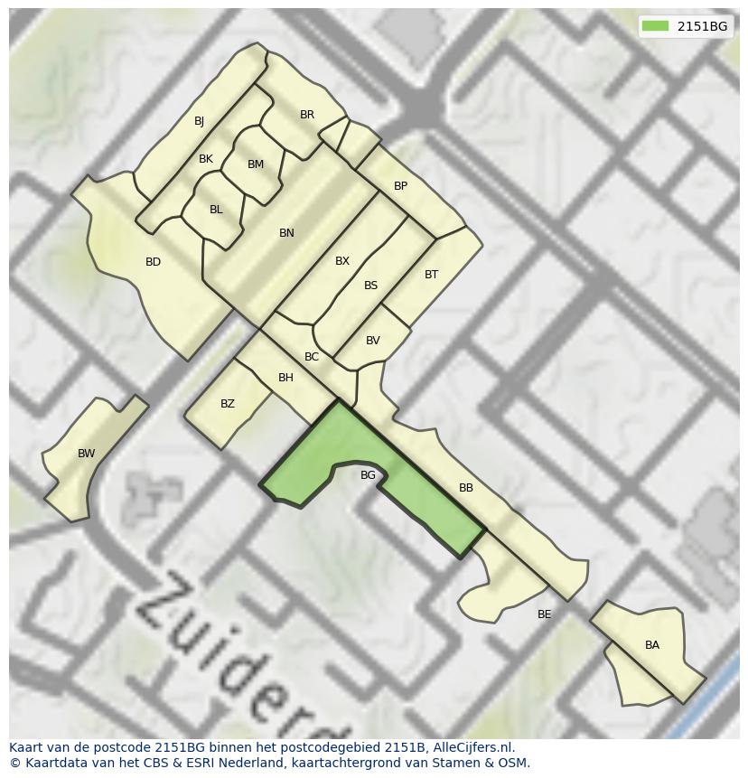 Afbeelding van het postcodegebied 2151 BG op de kaart.