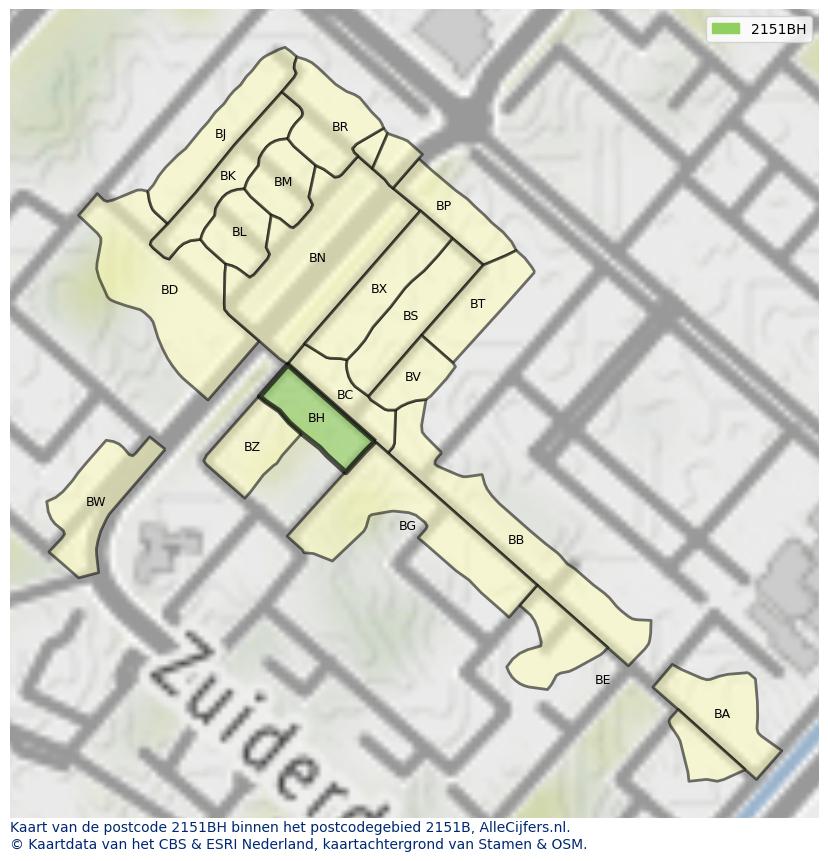 Afbeelding van het postcodegebied 2151 BH op de kaart.