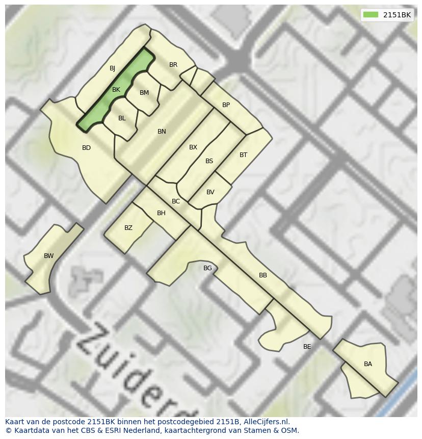 Afbeelding van het postcodegebied 2151 BK op de kaart.