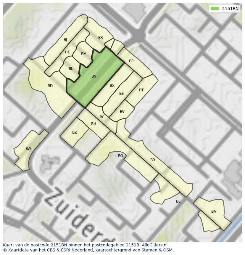 Afbeelding van het postcodegebied 2151 BN op de kaart.