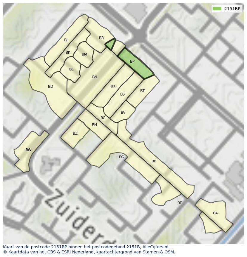 Afbeelding van het postcodegebied 2151 BP op de kaart.