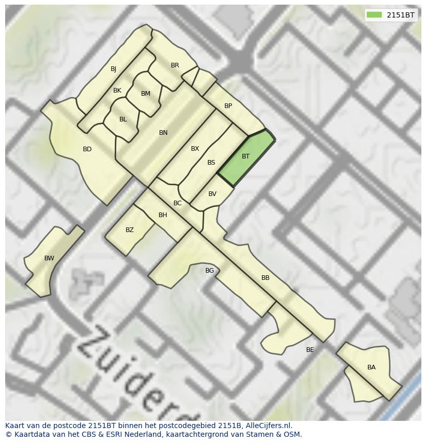 Afbeelding van het postcodegebied 2151 BT op de kaart.