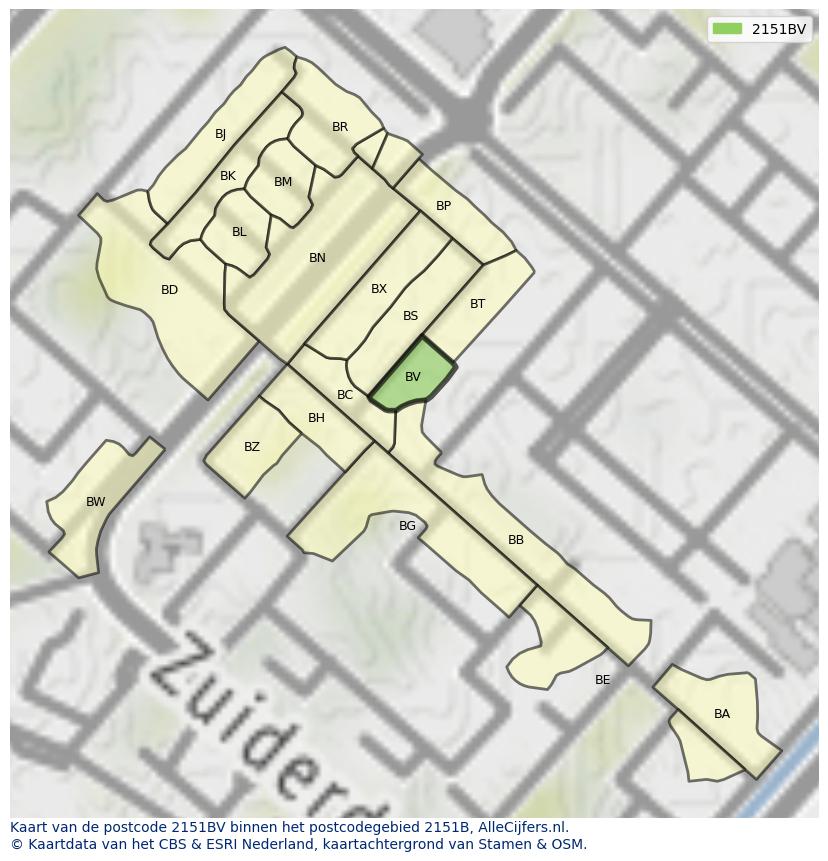 Afbeelding van het postcodegebied 2151 BV op de kaart.