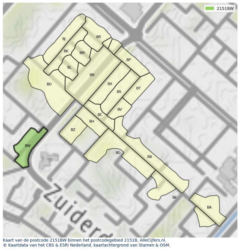 Afbeelding van het postcodegebied 2151 BW op de kaart.