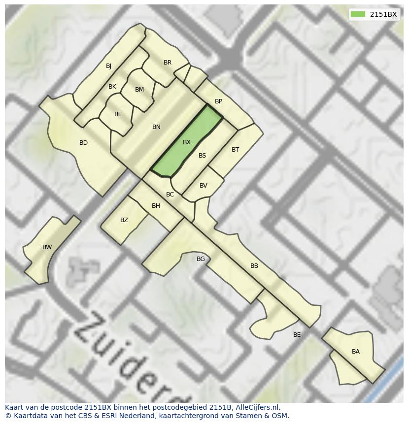 Afbeelding van het postcodegebied 2151 BX op de kaart.