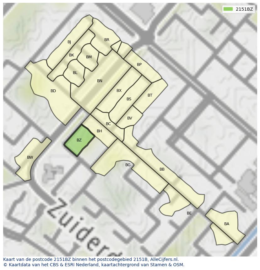 Afbeelding van het postcodegebied 2151 BZ op de kaart.