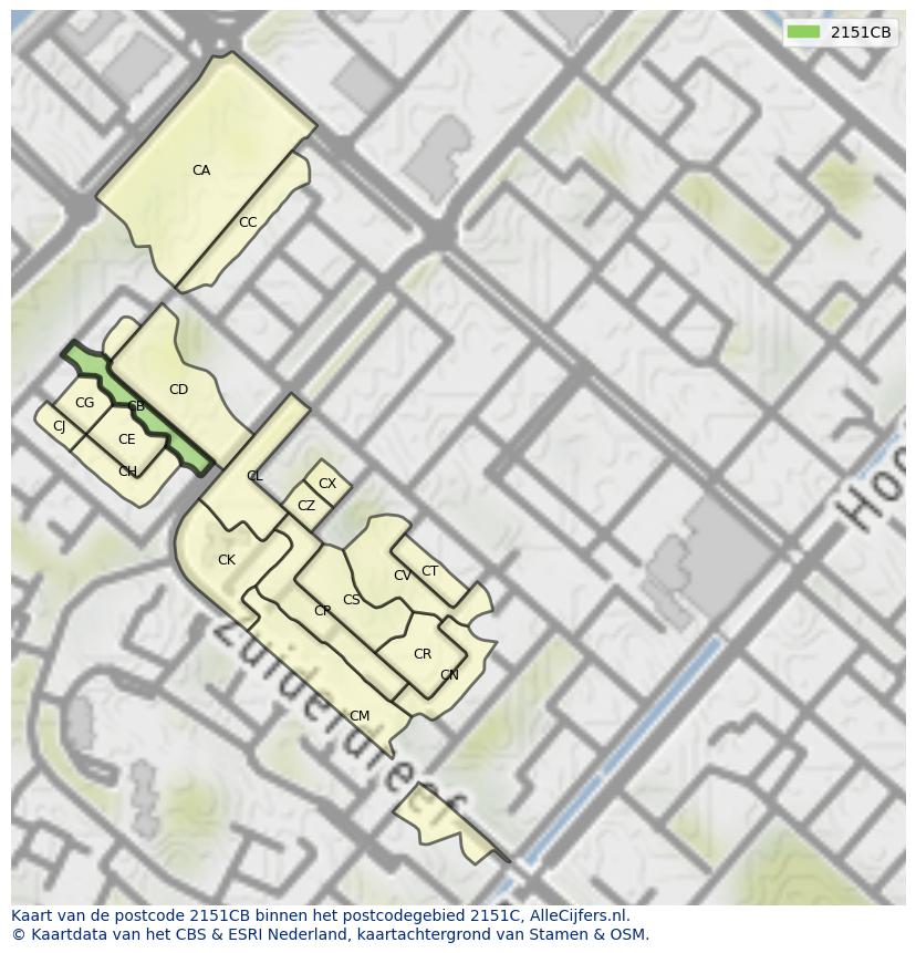 Afbeelding van het postcodegebied 2151 CB op de kaart.