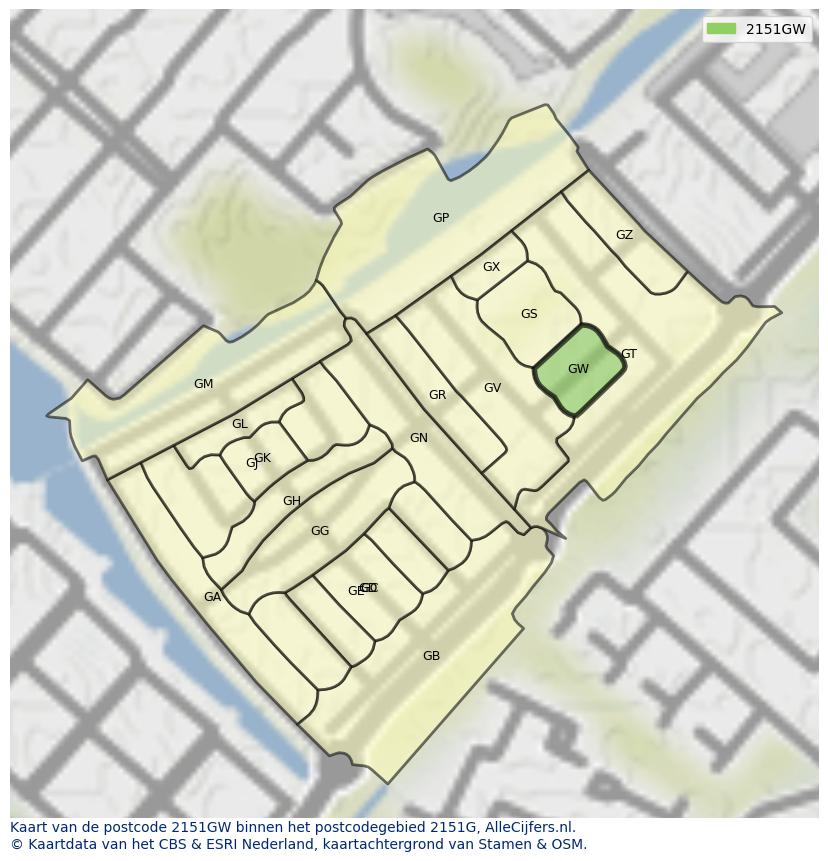 Afbeelding van het postcodegebied 2151 GW op de kaart.