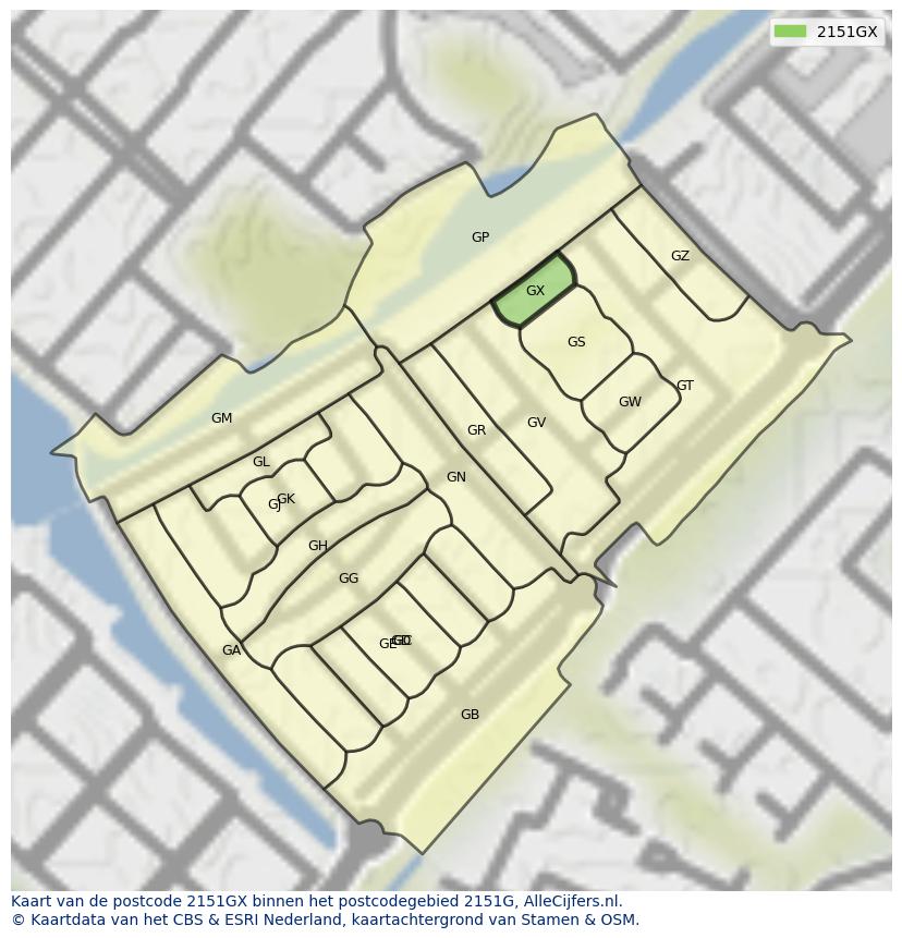 Afbeelding van het postcodegebied 2151 GX op de kaart.
