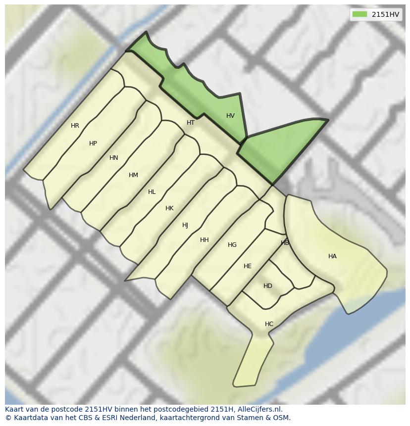 Afbeelding van het postcodegebied 2151 HV op de kaart.