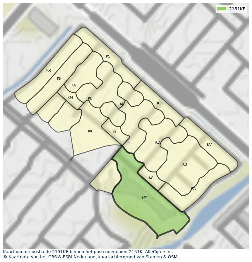 Afbeelding van het postcodegebied 2151 KE op de kaart.