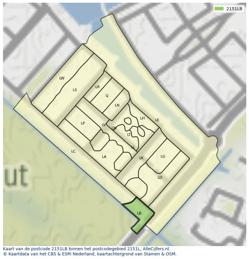 Afbeelding van het postcodegebied 2151 LB op de kaart.