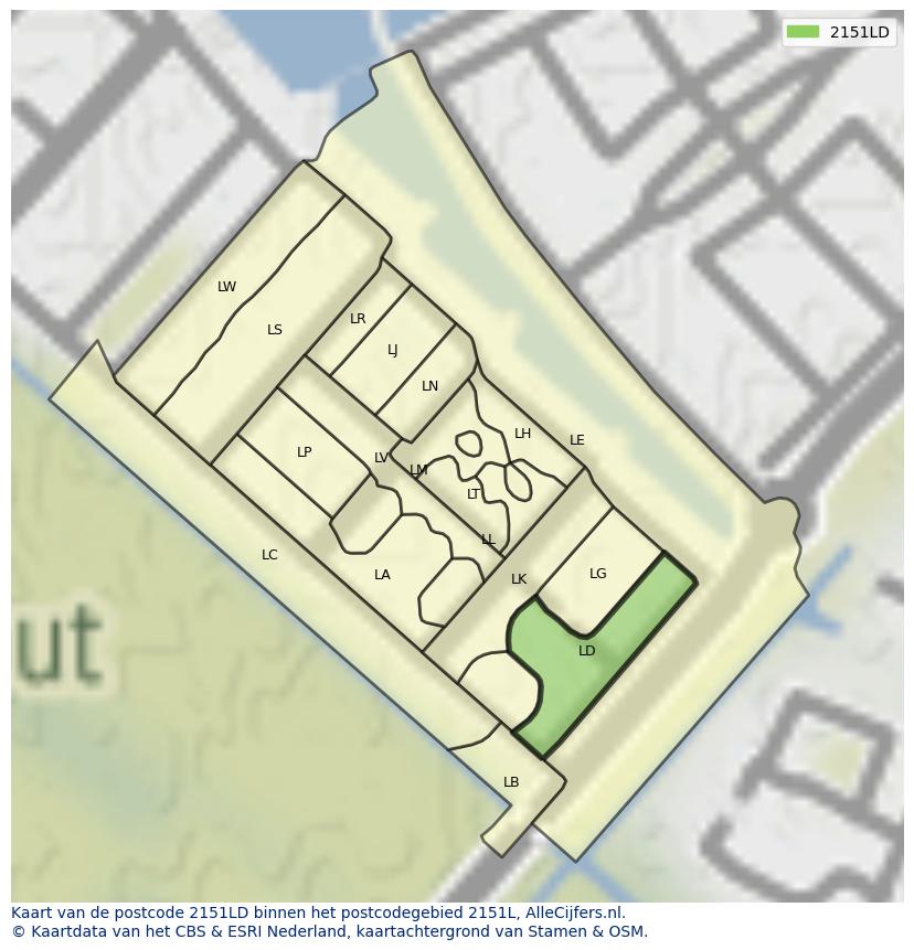 Afbeelding van het postcodegebied 2151 LD op de kaart.