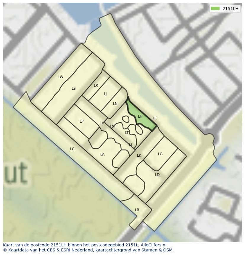 Afbeelding van het postcodegebied 2151 LH op de kaart.