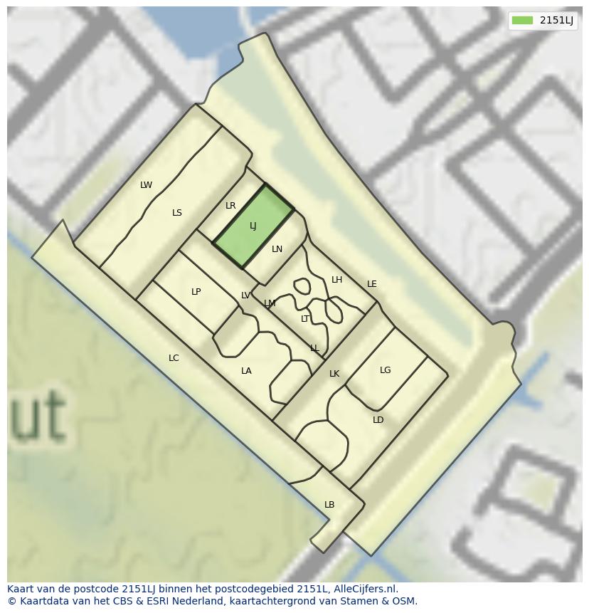 Afbeelding van het postcodegebied 2151 LJ op de kaart.