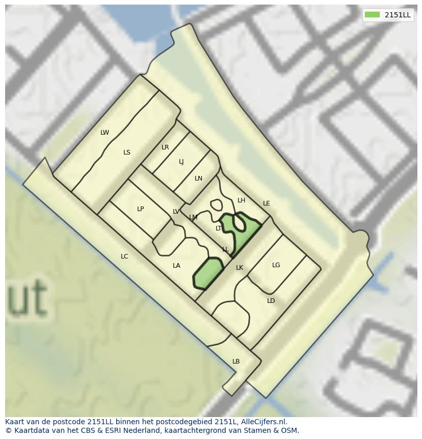 Afbeelding van het postcodegebied 2151 LL op de kaart.
