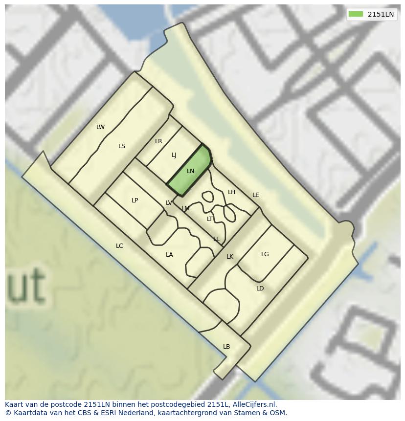 Afbeelding van het postcodegebied 2151 LN op de kaart.