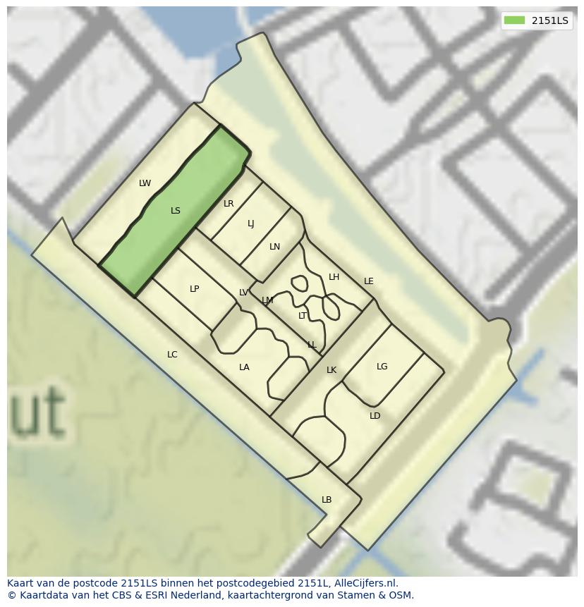 Afbeelding van het postcodegebied 2151 LS op de kaart.
