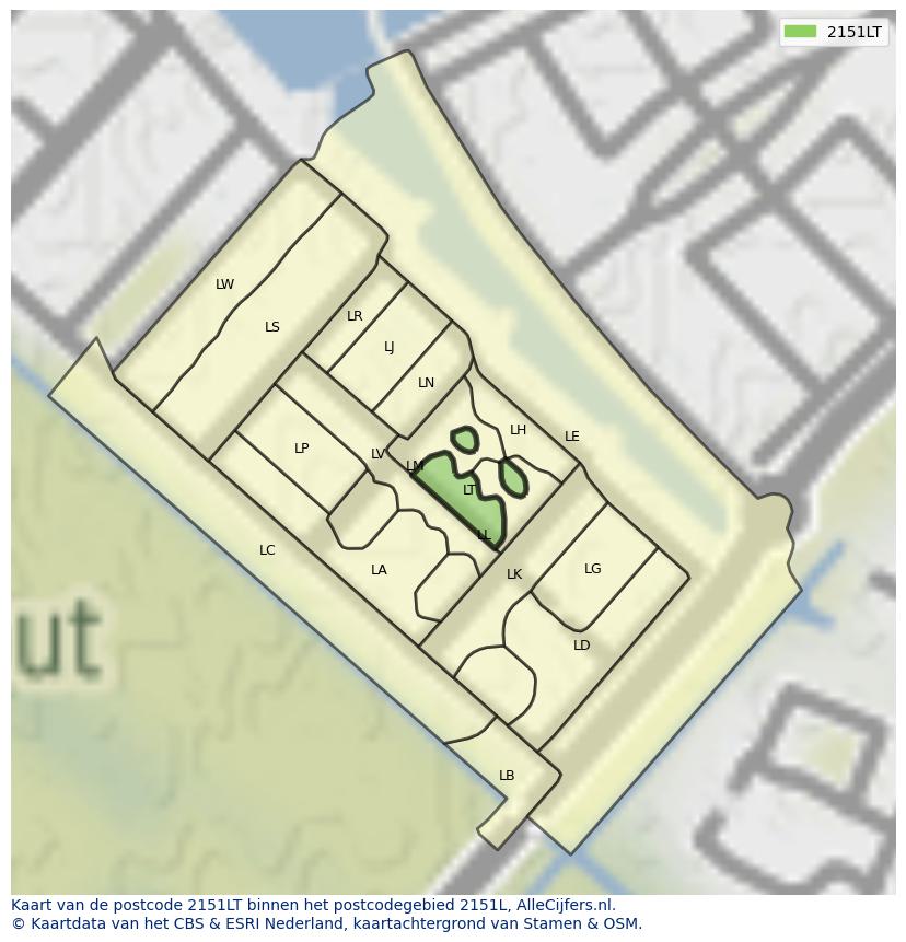 Afbeelding van het postcodegebied 2151 LT op de kaart.