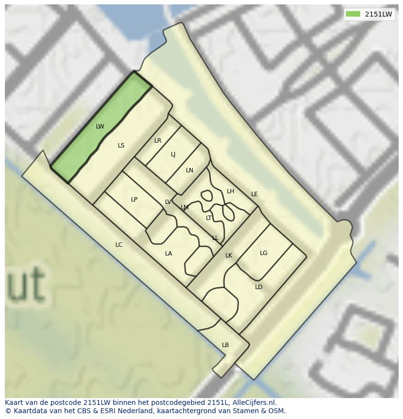 Afbeelding van het postcodegebied 2151 LW op de kaart.